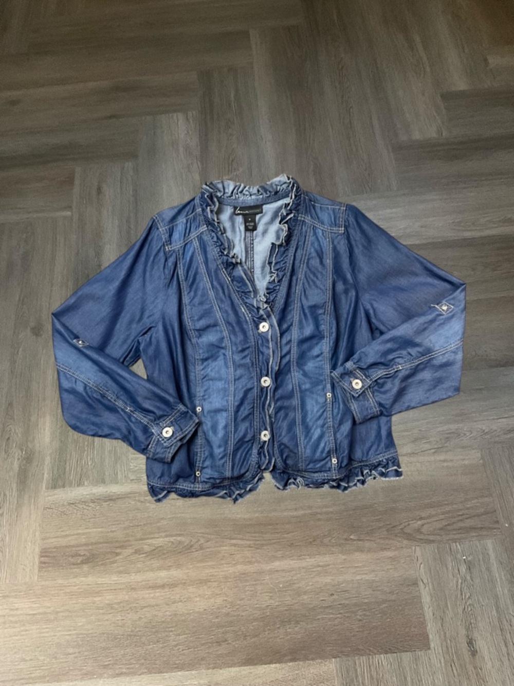 Lane Bryant Jacket Womens 18 Blue Chambray Ruffle Roll Tab‎ Sleeve Indie Boho